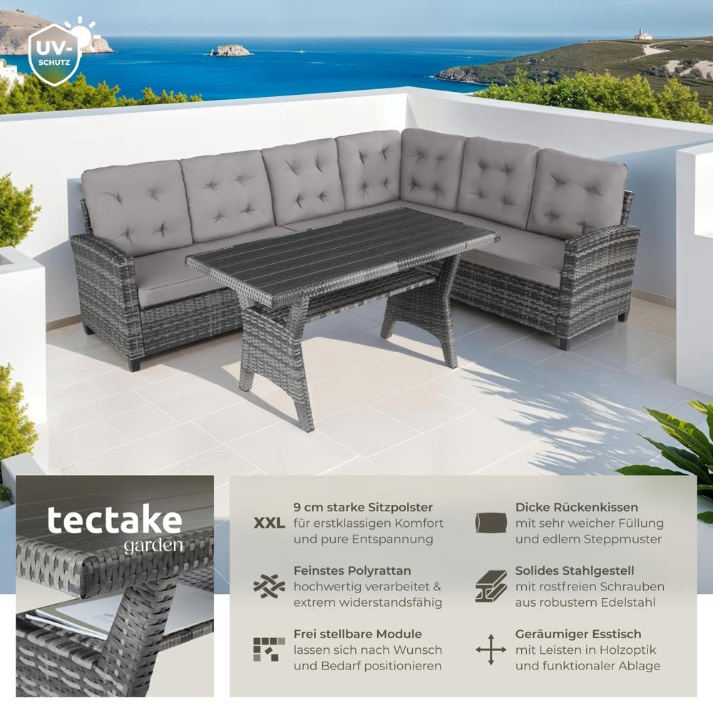 tectake® Gartenbank Set mit Esstisch & Rattan Eckbank, wetterfeste Outdoor Lounge für Garten, Balkon, Terrasse, Wintergarten – Grau