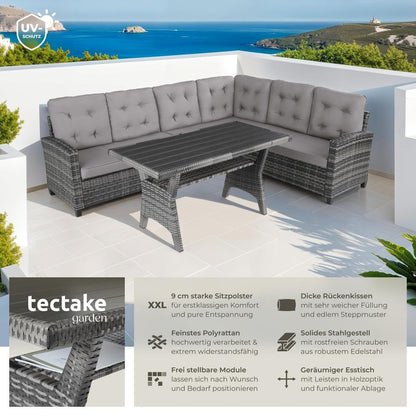 tectake® Gartenbank Set mit Esstisch & Rattan Eckbank, wetterfeste Outdoor Lounge für Garten, Balkon, Terrasse, Wintergarten – Grau