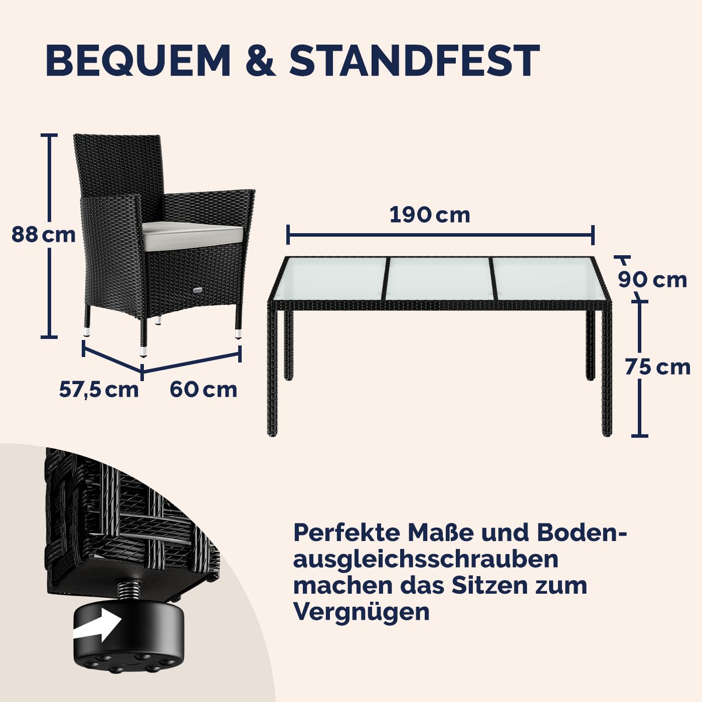 Casaria® Gartenmöbel Set für 8 Personen, Polyrattan Stühle mit 7 cm Polster & Abdeckung, Tisch 190x90 cm, stapelbar, wetterfest, Schwarz