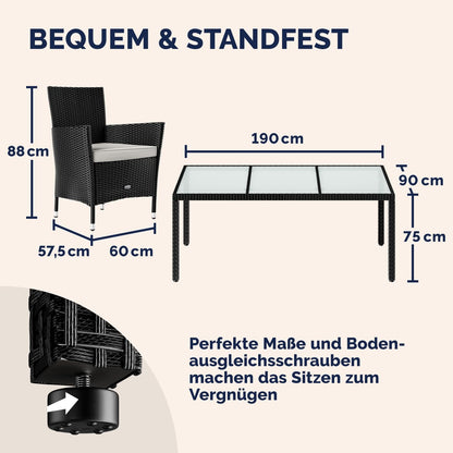 Casaria® Gartenmöbel Set für 8 Personen, Polyrattan Stühle mit 7 cm Polster & Abdeckung, Tisch 190x90 cm, stapelbar, wetterfest, Schwarz