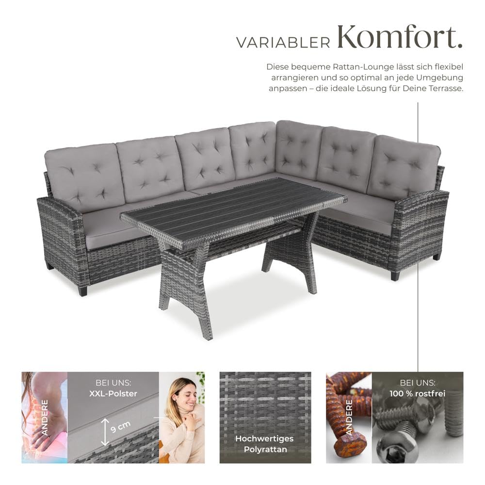 tectake® Gartenbank Set mit Esstisch & Rattan Eckbank, wetterfeste Outdoor Lounge für Garten, Balkon, Terrasse, Wintergarten – Grau