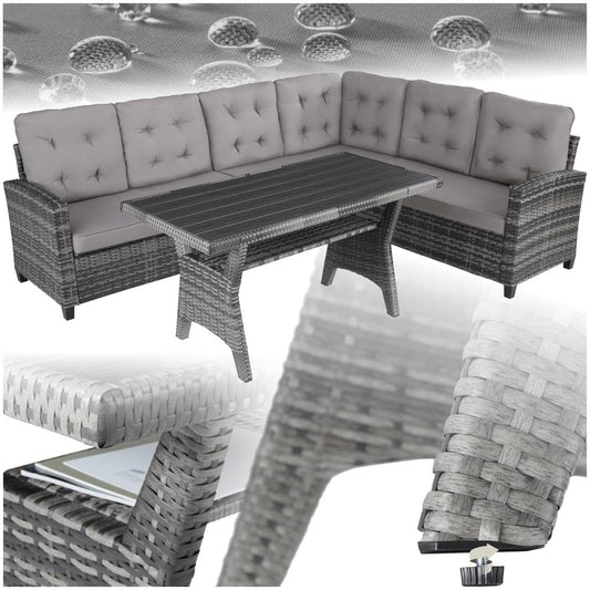 tectake® Gartenbank Set mit Esstisch & Rattan Eckbank, wetterfeste Outdoor Lounge für Garten, Balkon, Terrasse, Wintergarten – Grau