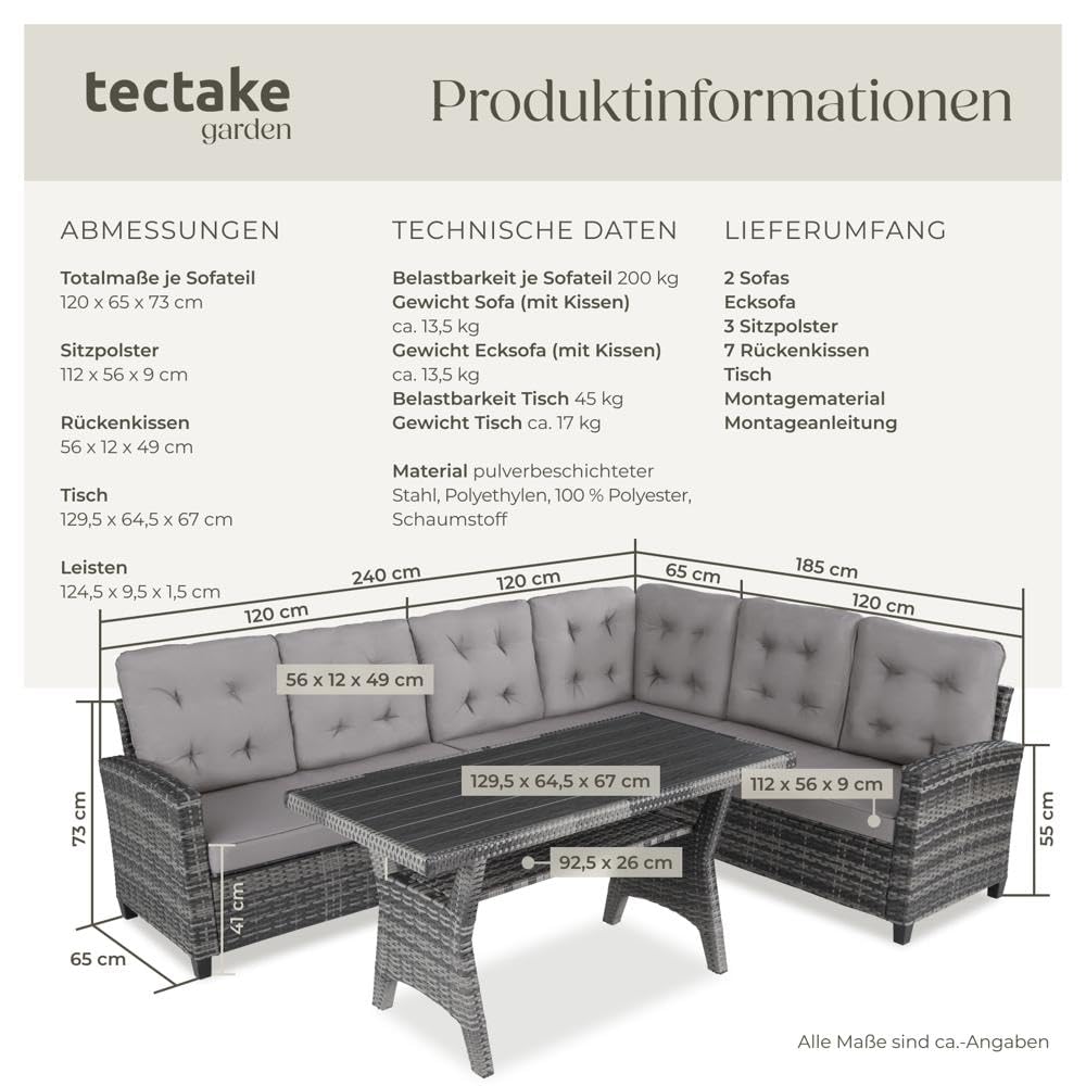 tectake® Gartenbank Set mit Esstisch & Rattan Eckbank, wetterfeste Outdoor Lounge für Garten, Balkon, Terrasse, Wintergarten – Grau