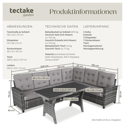 tectake® Gartenbank Set mit Esstisch & Rattan Eckbank, wetterfeste Outdoor Lounge für Garten, Balkon, Terrasse, Wintergarten – Grau