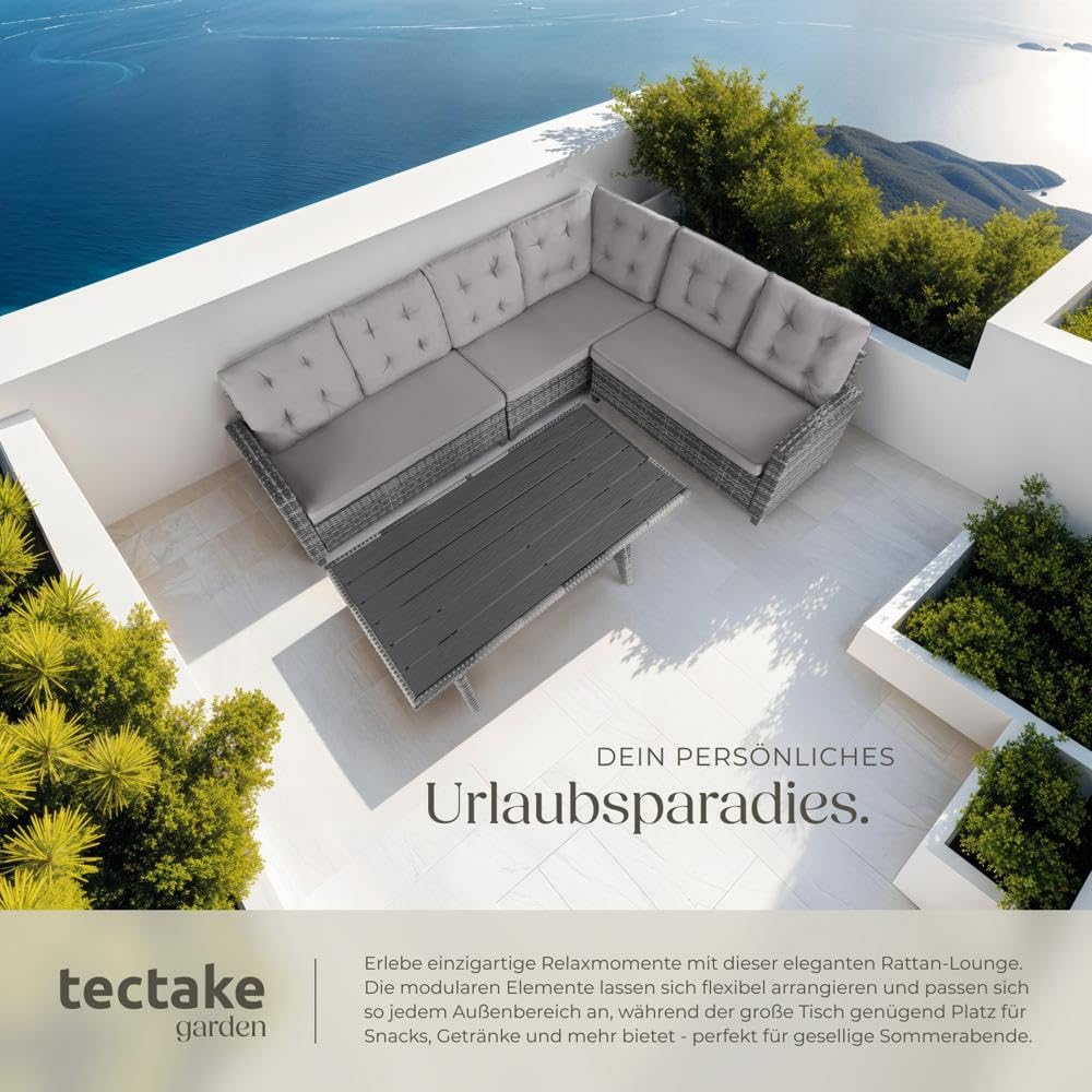 tectake® Gartenbank Set mit Esstisch & Rattan Eckbank, wetterfeste Outdoor Lounge für Garten, Balkon, Terrasse, Wintergarten – Grau