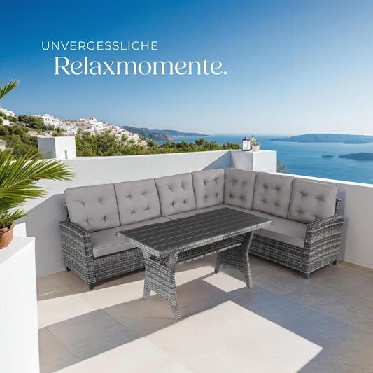 tectake® Gartenbank Set mit Esstisch & Rattan Eckbank, wetterfeste Outdoor Lounge für Garten, Balkon, Terrasse, Wintergarten – Grau