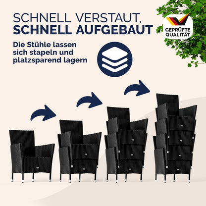 Casaria® Gartenmöbel Set für 8 Personen, Polyrattan Stühle mit 7 cm Polster & Abdeckung, Tisch 190x90 cm, stapelbar, wetterfest, Schwarz