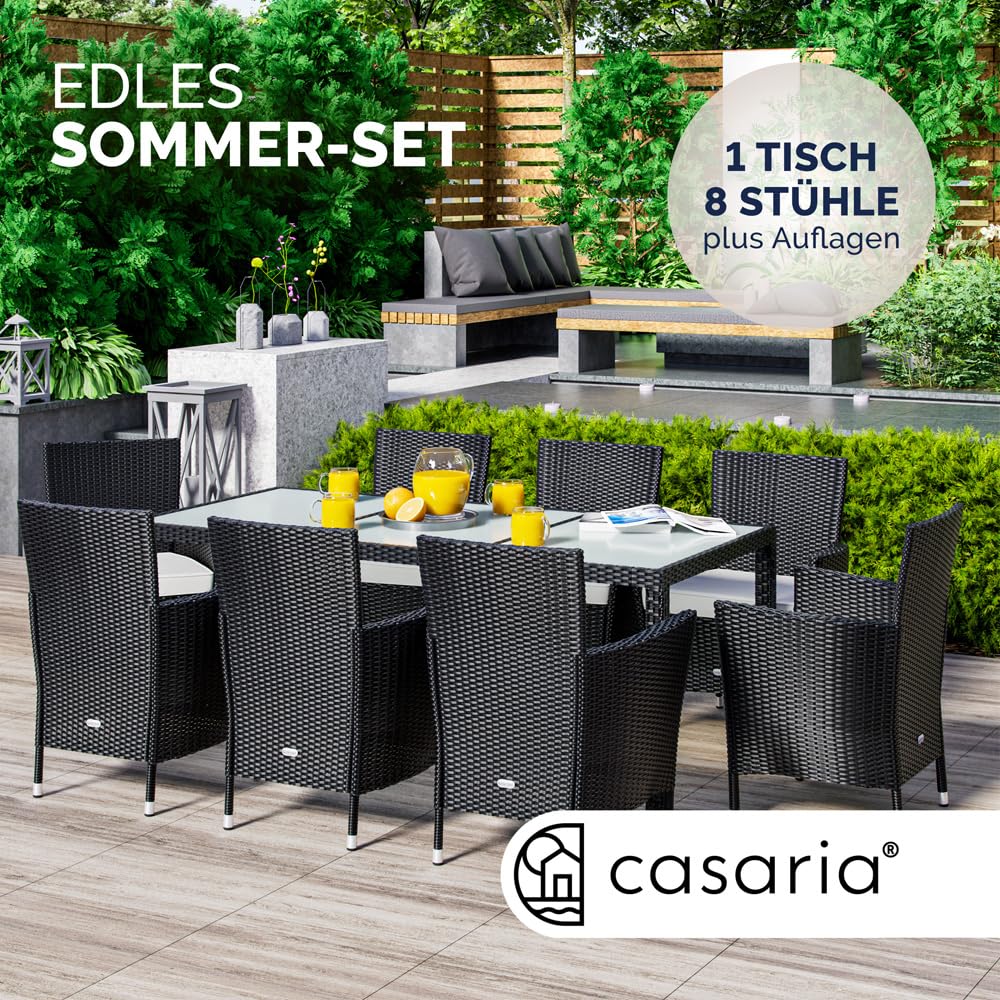 Casaria® Gartenmöbel Set für 8 Personen, Polyrattan Stühle mit 7 cm Polster & Abdeckung, Tisch 190x90 cm, stapelbar, wetterfest, Schwarz