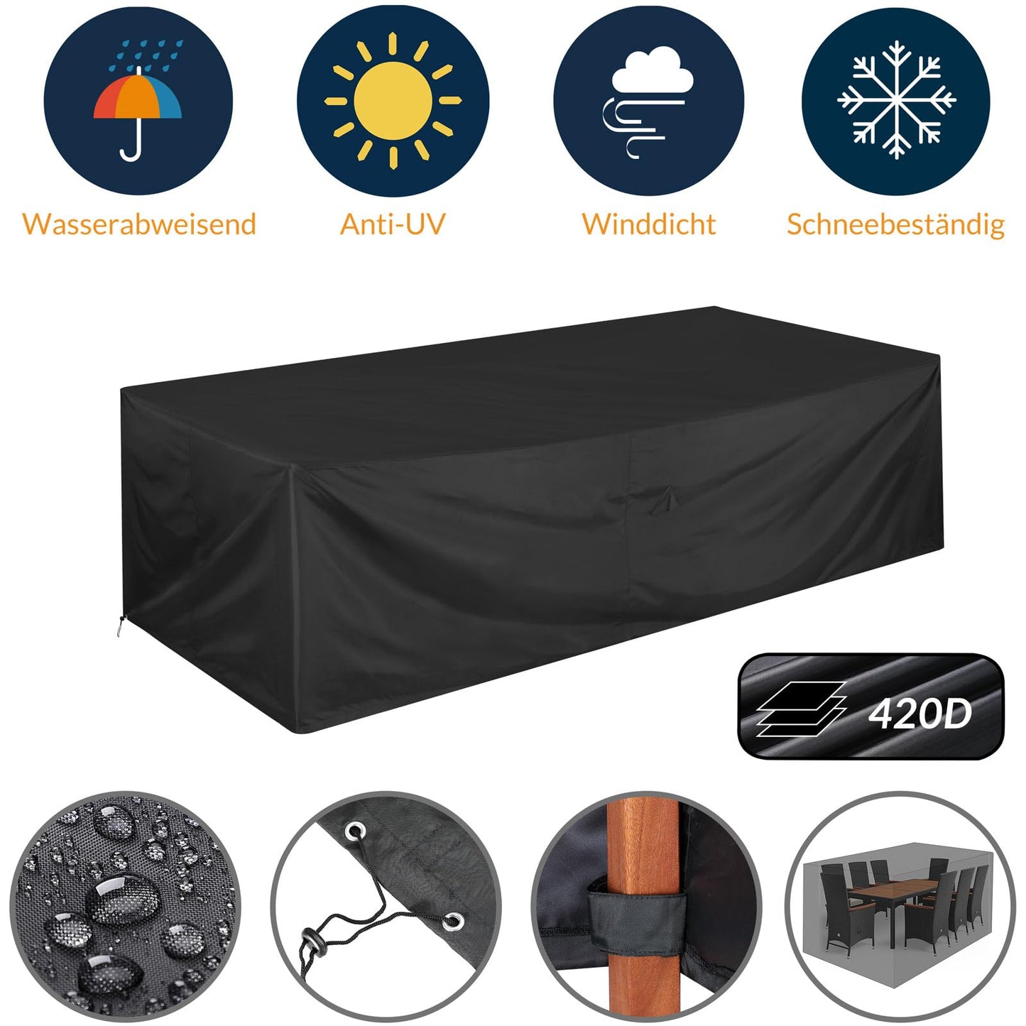 Casaria® Gartenmöbel Set für 8 Personen, Polyrattan Stühle mit 7 cm Polster & Abdeckung, Tisch 190x90 cm, stapelbar, wetterfest, Schwarz