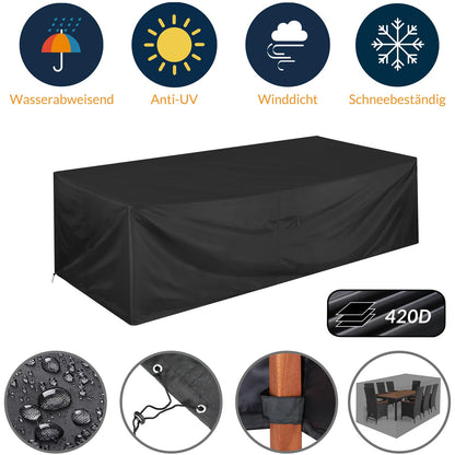 Casaria® Gartenmöbel Set für 8 Personen, Polyrattan Stühle mit 7 cm Polster & Abdeckung, Tisch 190x90 cm, stapelbar, wetterfest, Schwarz
