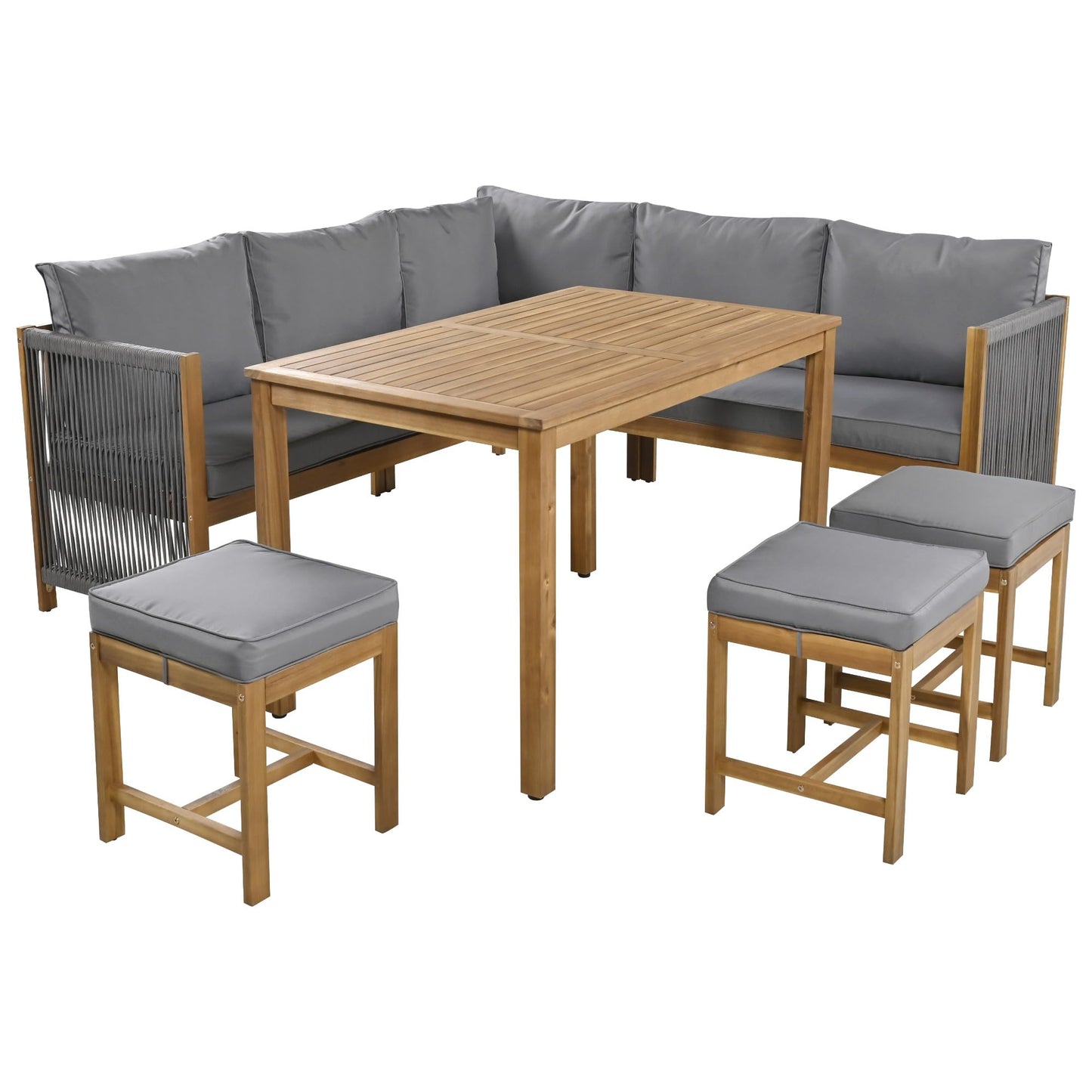Gartenmöbel Set aus Akazie für 7–8 Personen, Sofa-, Esstisch- & Hocker-Set mit Kissen, Outdoor Tisch- & Stuhl-Set, Terrassenmöbel