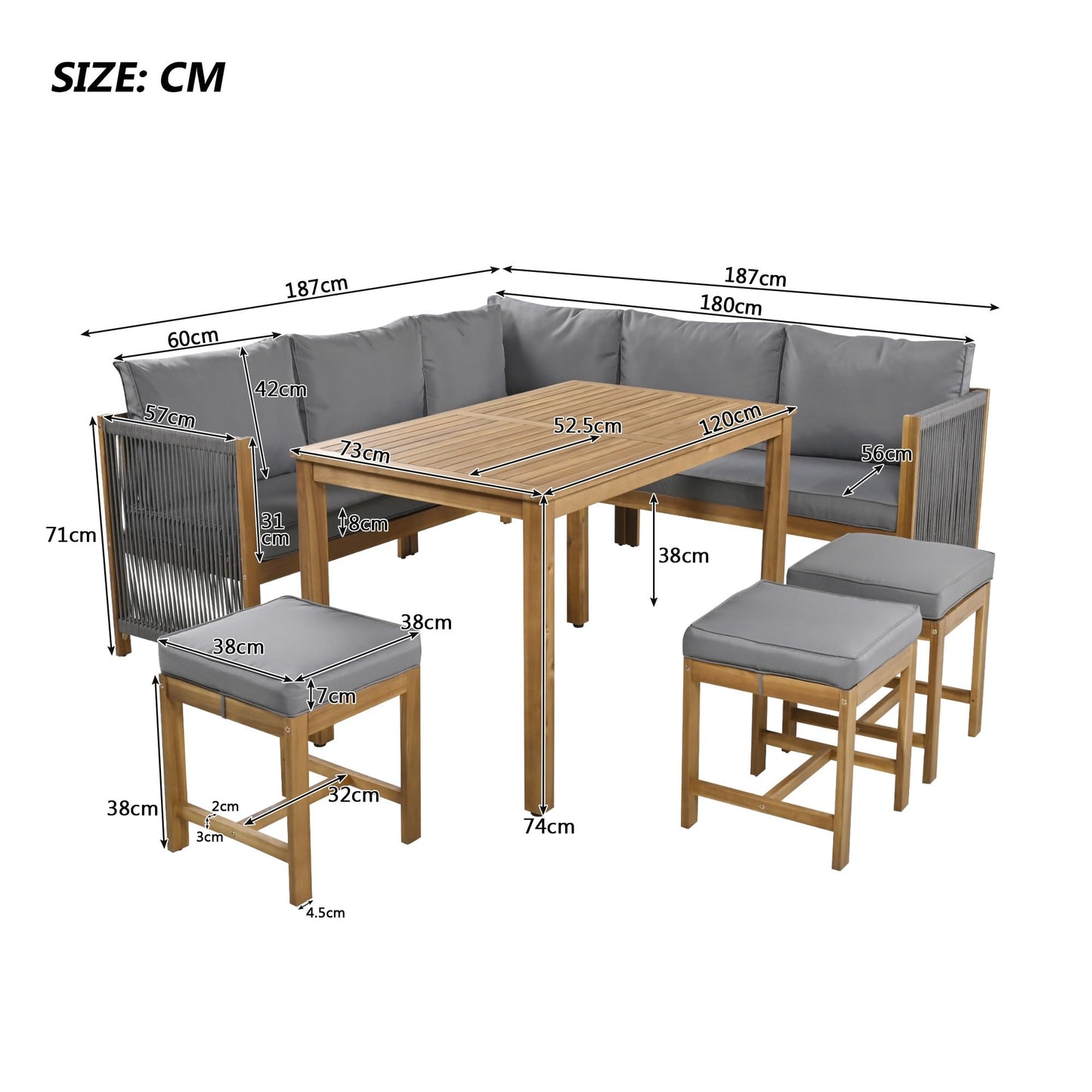 Gartenmöbel Set aus Akazie für 7–8 Personen, Sofa-, Esstisch- & Hocker-Set mit Kissen, Outdoor Tisch- & Stuhl-Set, Terrassenmöbel