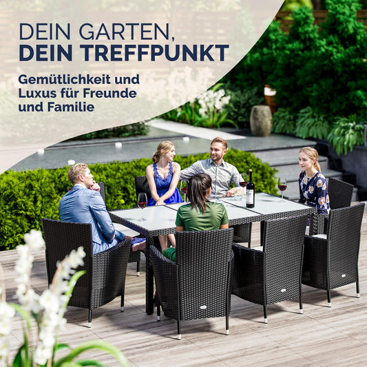 Casaria® Gartenmöbel Set für 8 Personen, Polyrattan Stühle mit 7 cm Polster & Abdeckung, Tisch 190x90 cm, stapelbar, wetterfest, Schwarz