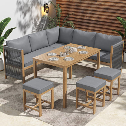 Gartenmöbel Set aus Akazie für 7–8 Personen, Sofa-, Esstisch- & Hocker-Set mit Kissen, Outdoor Tisch- & Stuhl-Set, Terrassenmöbel