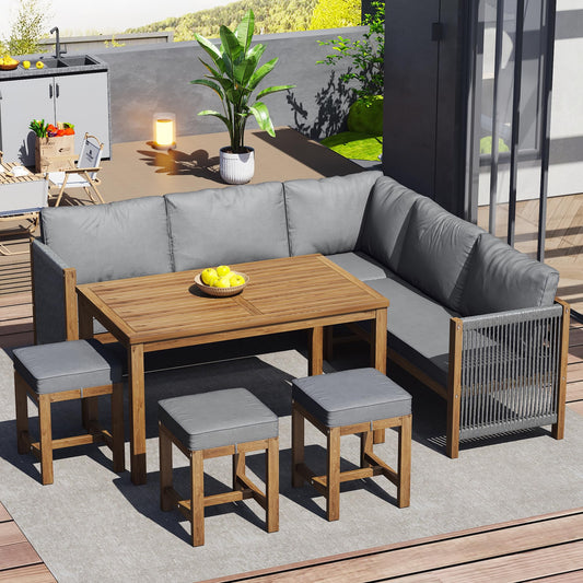 Gartenmöbel Set aus Akazie für 7–8 Personen, Sofa-, Esstisch- & Hocker-Set mit Kissen, Outdoor Tisch- & Stuhl-Set, Terrassenmöbel