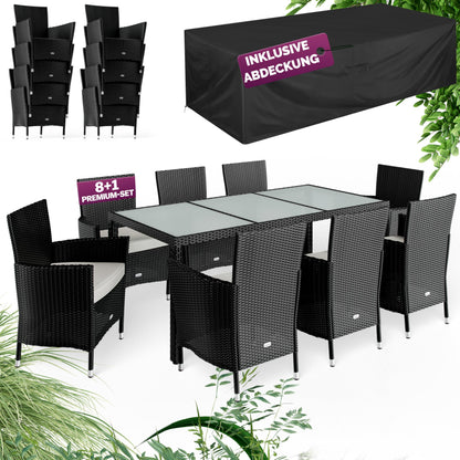 Casaria® Gartenmöbel Set für 8 Personen, Polyrattan Stühle mit 7 cm Polster & Abdeckung, Tisch 190x90 cm, stapelbar, wetterfest, Schwarz