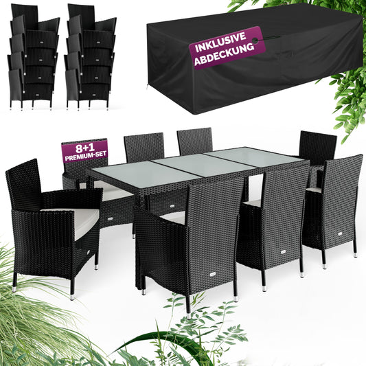 Casaria® Gartenmöbel Set für 8 Personen, Polyrattan Stühle mit 7 cm Polster & Abdeckung, Tisch 190x90 cm, stapelbar, wetterfest, Schwarz